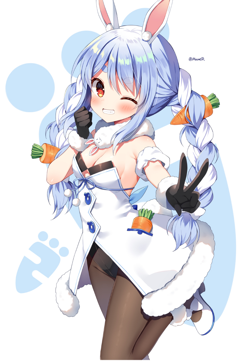 1girl animal_ear_fluff animal_ears bare_shoulders black_gloves black_leotard blue_hair blush bow braid brown_legwear carrot_hair_ornament clenched_hand commentary_request don-chan_(usada_pekora) dress food-themed_hair_ornament fur-trimmed_dress fur-trimmed_gloves fur_trim gloves grin hair_bow hair_ornament highres hololive leotard long_hair looking_at_viewer mauve multicolored_hair one_eye_closed outstretched_arm pantyhose rabbit_ears red_eyes shoes sidelocks simple_background smile standing standing_on_one_leg strapless strapless_dress strapless_leotard twin_braids twintails two-tone_hair usada_pekora v very_long_hair virtual_youtuber white_background white_bow white_dress white_footwear white_hair