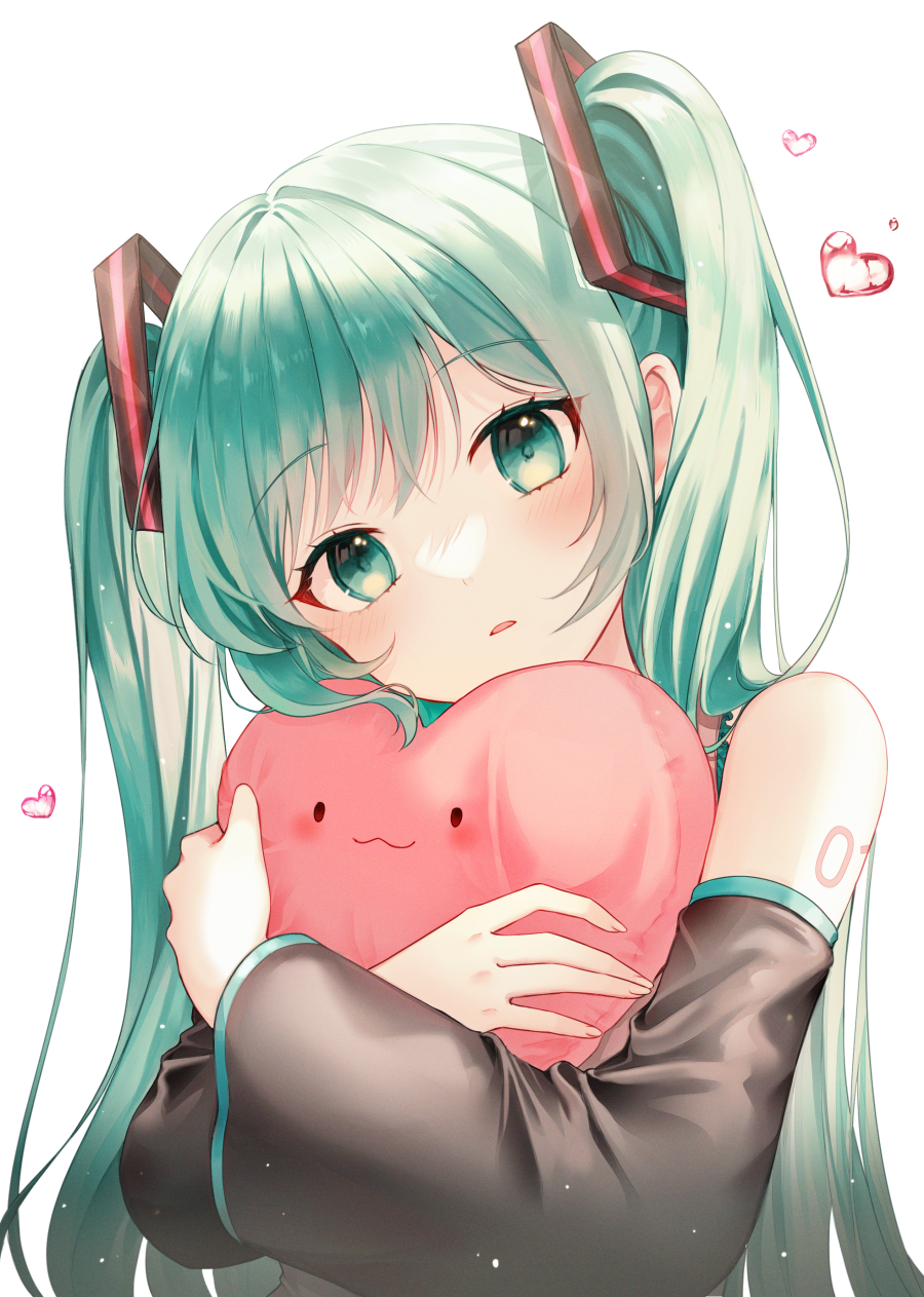 1girl 723/nanahumi bangs black_sleeves blush commentary_request detached_sleeves eyebrows_visible_through_hair green_eyes green_hair hatsune_miku head_tilt heart heart_pillow highres long_hair long_sleeves looking_at_viewer object_hug parted_lips pillow pillow_hug simple_background solo twintails upper_body vocaloid white_background wide_sleeves