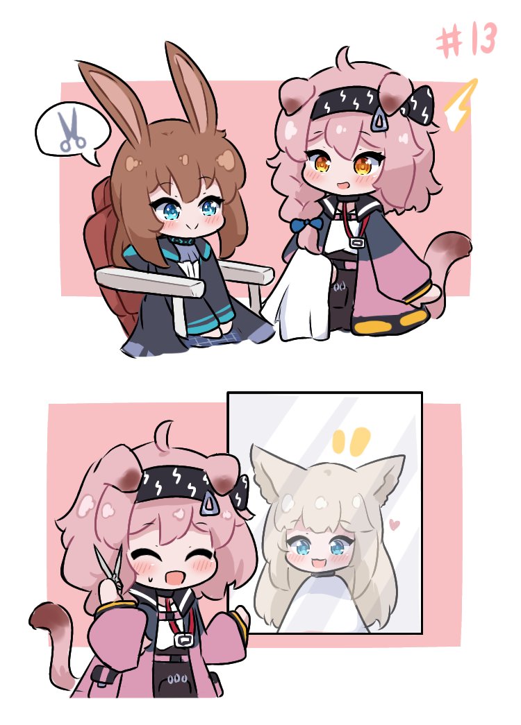 3girls :d ^^^ ^_^ amiya_(arknights) animal_ears arknights arknights:_endfield bangs black_hairband black_skirt blue_bow blue_eyes blush bow braid brown_eyes brown_hair cat_ears cat_girl cat_tail chair closed_eyes closed_mouth commentary english_commentary eyebrows_visible_through_hair goldenglow_(arknights) hair_between_eyes hair_bow hair_over_shoulder hairband heart high-waist_skirt jacket kurotofu light_brown_hair lightning_bolt_print long_hair long_sleeves mirror multiple_girls notice_lines on_chair open_clothes open_jacket perlica_(arknights) pink_background pink_hair pink_jacket puffy_long_sleeves puffy_sleeves rabbit_ears reflection shirt single_braid sitting skirt smile spoken_object standing tail towel two-tone_background very_long_hair white_background white_shirt