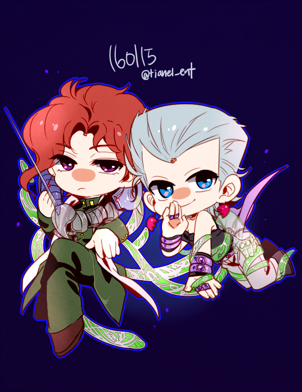 2boys blue_eyes chibi earrings flattop gakuran hierophant_green jean_pierre_polnareff jewelry jojo_no_kimyou_na_bouken kakyoin_noriaki male_focus multiple_boys school_uniform stand_(jojo) stardust_crusaders tentacles tianel_ent violet_eyes