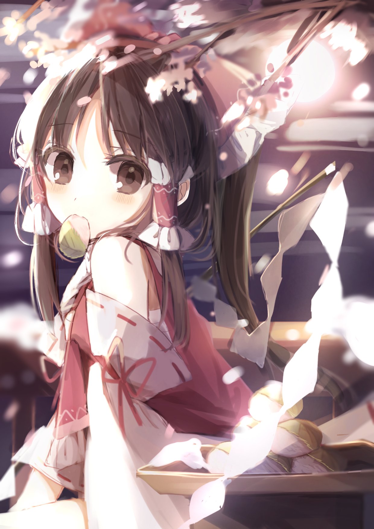 1girl ascot bow bowl brown_hair collar detached_sleeves dress eating eyebrows_visible_through_hair food_in_mouth frilled_bow frills gohei hair_bow hair_tubes hakurei_reimu highres japanese_clothes looking_at_viewer medium_hair miko nontraditional_miko outdoors ponytail red_bow red_dress red_shirt red_skirt shiba_0007 shirt sidelocks sitting skirt skirt_set sleeveless sleeveless_dress solo sun touhou tree white_collar