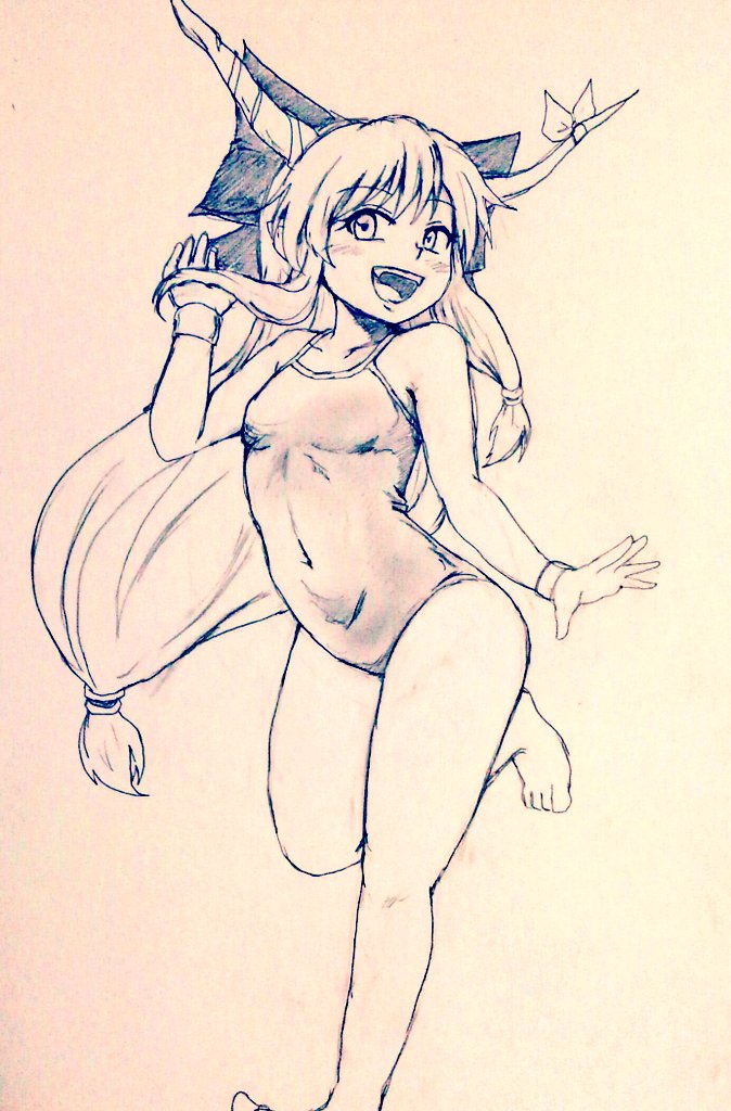 1girl alternate_costume bare_legs barefoot breasts commentary_request covered_navel d-m_(dii_emu) eyebrows_visible_through_hair eyelashes fang feet greyscale horns ibuki_suika long_hair looking_at_viewer monochrome one-piece_swimsuit oni_horns open_mouth sketch swimsuit tied_hair toes touhou traditional_media very_long_hair walking