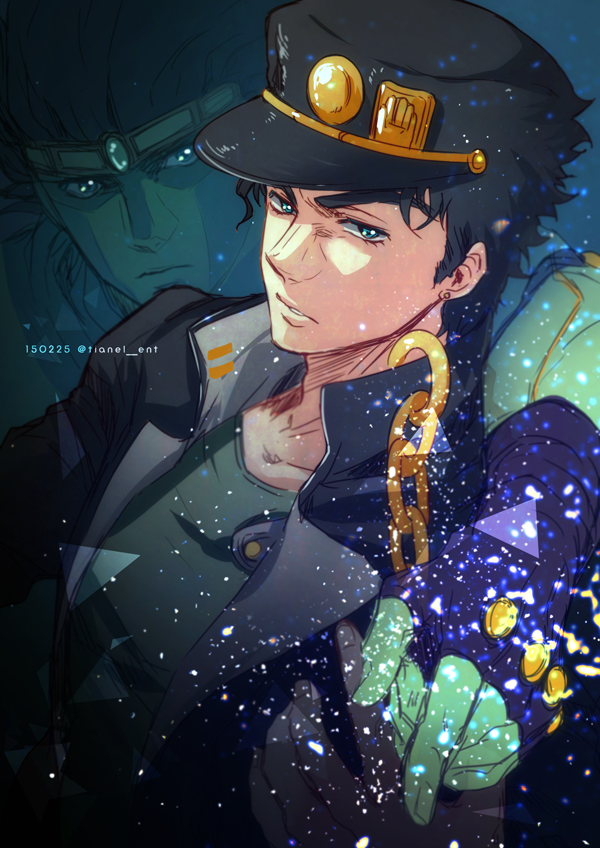 2boys black_hair chain earrings fingerless_gloves gakuran gloves green_eyes green_skirt hat jewelry jojo_no_kimyou_na_bouken kujo_jotaro long_coat male_focus multiple_boys school_uniform skirt stand_(jojo) star_platinum stardust_crusaders tianel_ent