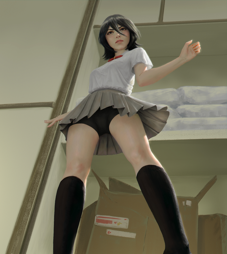 1girl bangs bike_shorts bike_shorts_under_skirt black_hair black_legwear black_shorts bleach bow bowtie box breasts brown_eyes cardboard_box closet commission curled_fingers dress_shirt feet_out_of_frame from_below futon grey_skirt hair_between_eyes honeybunny-art kuchiki_rukia lips looking_at_viewer looking_down outstretched_arms red_bow red_bowtie shirt short_hair short_sleeves shorts skirt small_breasts socks solo white_shirt