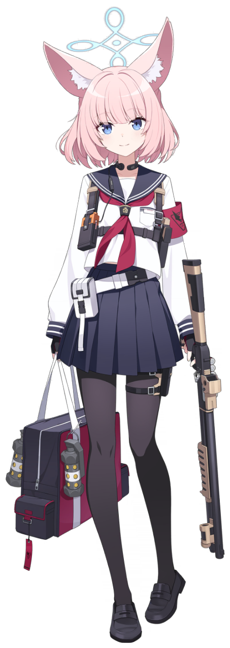 1girl animal_ears armband bag belt_bag blue_archive blue_eyes explosive fox_ears full_body grenade gun halo highres looking_at_viewer medium_hair nico_(blue_archive) official_art pantyhose pink_hair school_uniform shotgun smile solo stand transparent_background weapon