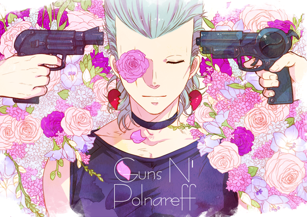 1boy at_gunpoint bare_shoulders choker earrings field flattop flower flower_field flower_in_eye grey_hair gun gun_to_head handgun jean_pierre_polnareff jewelry jojo_no_kimyou_na_bouken lying male_focus sleeping smile solo_focus symbol_in_eye tianel_ent vento_aureo weapon