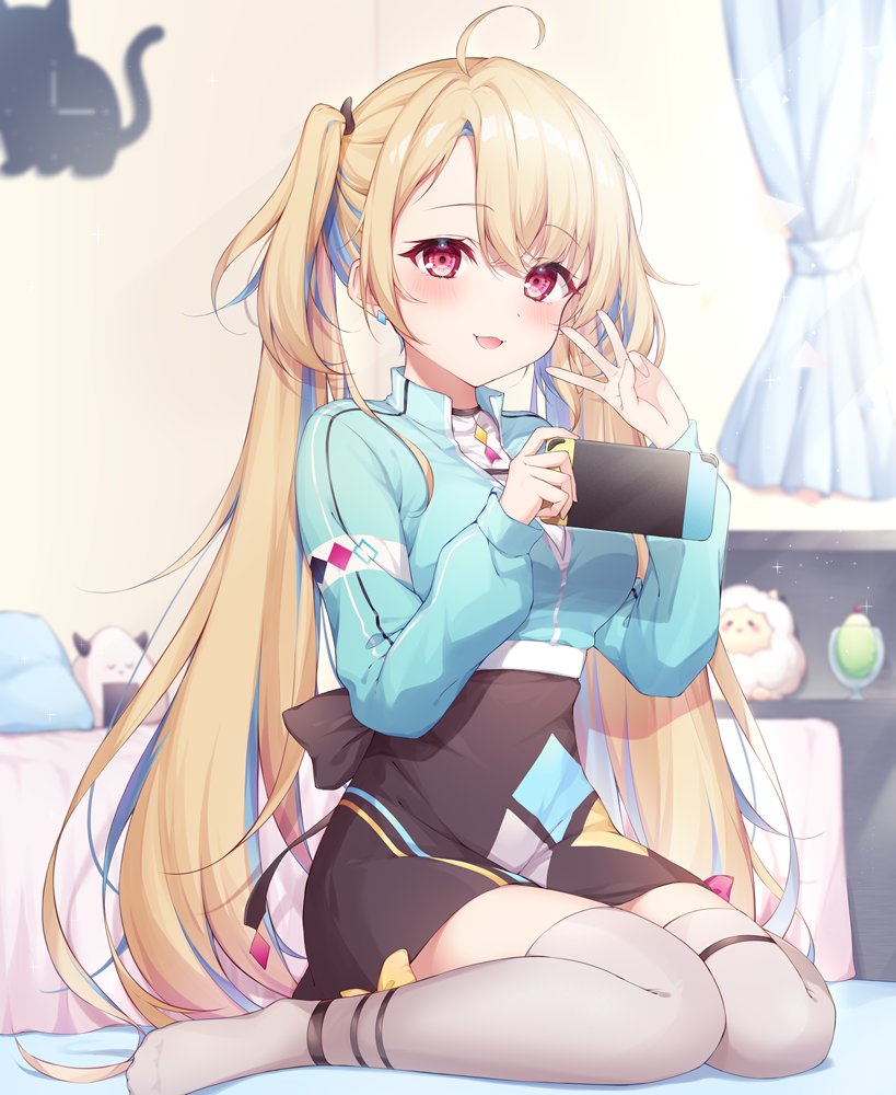 1girl ahoge avatar_2.0_project bangs blonde_hair curtains dress eyebrows_visible_through_hair handheld_game_console hands_up holding holding_handheld_game_console long_hair looking_at_viewer minase_shia nintendo_switch open_mouth red_eyes sitting smile solo thigh-highs twintails wariza zky_(oekaky)