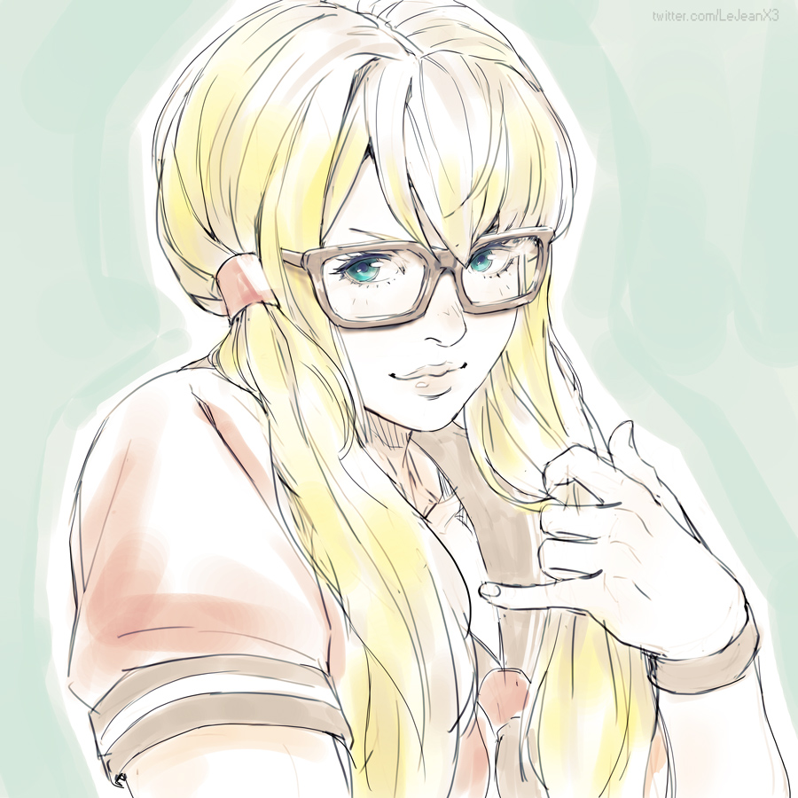 1girl bespectacled blonde_hair blue_eyes brown-framed_eyewear fingernails glasses hair_over_shoulder hand_in_own_hair lips long_hair looking_at_viewer low_twintails official_alternate_costume pinky_out rainbow_mika rejean_dubois school_uniform serafuku solo street_fighter street_fighter_v twintails upper_body
