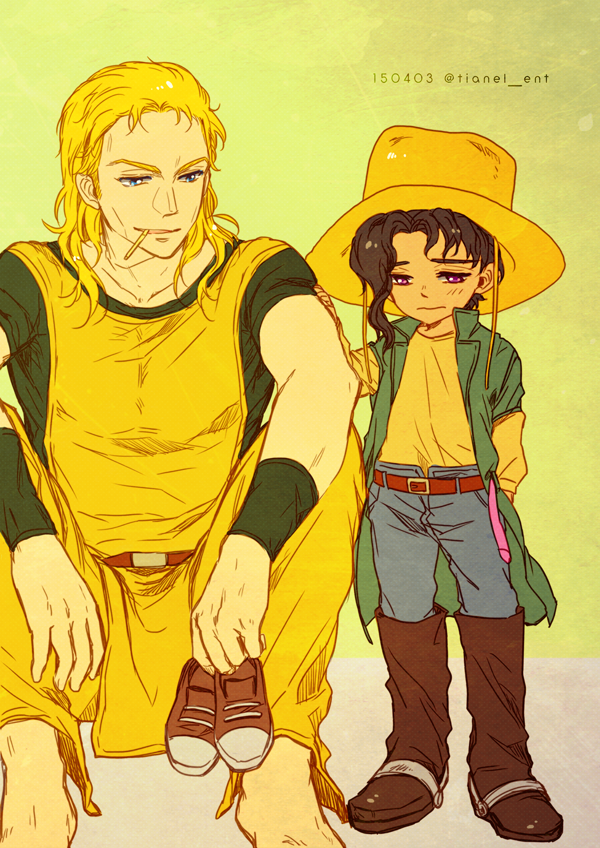 2boys barefoot black_hair blonde_hair blue_eyes blush boots cigarette cosplay costume_switch cowboy_boots cowboy_hat fusion hair_strand hat hat_removed headwear_removed hol_horse holding holding_shoes jojo_no_kimyou_na_bouken kakyoin_noriaki long_hair male_focus multiple_boys oversized_clothes shoes shoes_removed sneakers tianel_ent violet_eyes
