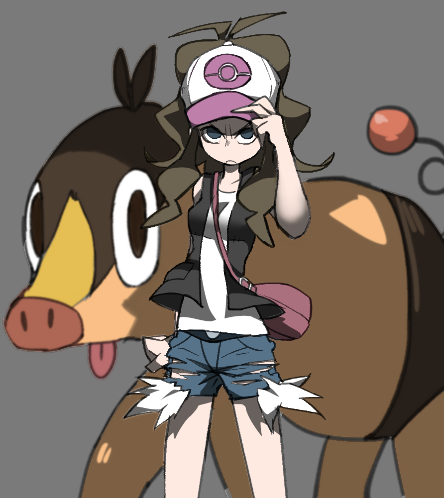 1girl bag bangs black_vest blue_eyes breasts brown_hair closed_mouth denim denim_shorts grey_background hat hilda_(pokemon) long_hair looking_at_viewer pokemon pokemon_(creature) pokemon_(game) pokemon_bw ponytail shaded_face shirt shorts shoulder_bag simple_background sleeveless sleeveless_shirt small_breasts tepig tirarizun tongue tongue_out torn_clothes torn_shorts vest white_shirt