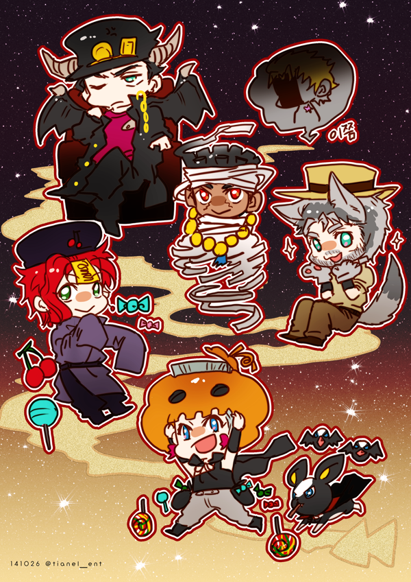 5boys animal_ears animal_hands bandages beard birthmark boston_terrier candy chibi chinese_clothes demon_horns demon_wings dio_brando facial_hair flattop food ghost_pose gloves grey_hair halloween halloween_costume hat horned_hat horns iggy_(jojo) jack-o'-lantern jean_pierre_polnareff jiangshi jiangshi_costume joestar_birthmark jojo_no_kimyou_na_bouken joseph_joestar joseph_joestar_(old) kakyoin_noriaki kujo_jotaro lollipop mohammed_avdol multiple_boys mummy_costume not_present ofuda outstretched_arms paw_gloves pumpkin_hat qing_guanmao shaded_face sleeves_past_fingers sleeves_past_wrists stardust_crusaders tail talisman tianel_ent vampire_costume wings wolf_ears wolf_tail zombie_pose