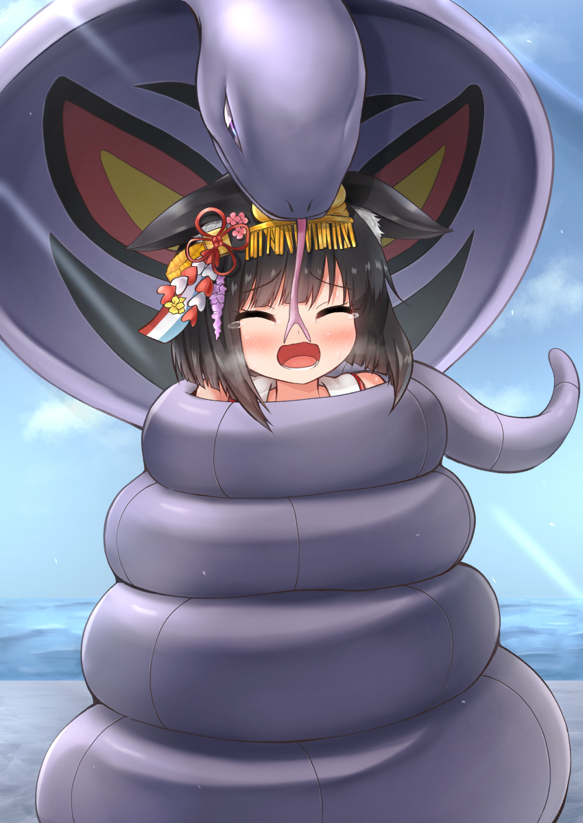 1girl arbok azur_lane bdsm black_hair blue_sky blush bob_cut closed_eyes comiching constriction crossover crying day ears_down highres mutsu_(azur_lane) open_mouth outdoors pokemon pokemon_(creature) sky tears tongue tongue_out