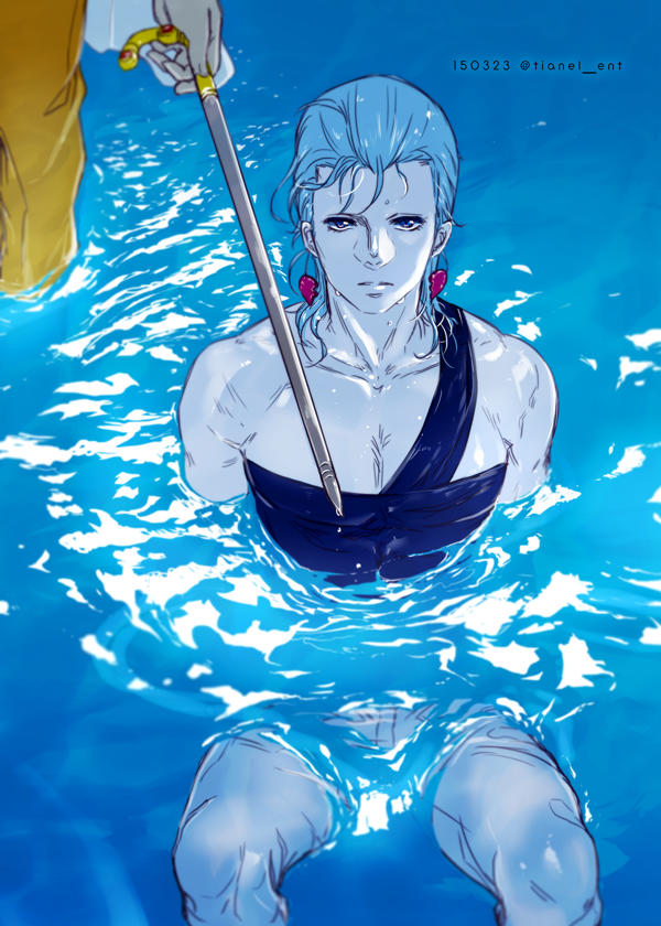 2boys blue_eyes cane earrings flattop grey_hair jean_pierre_polnareff jewelry jojo_no_kimyou_na_bouken male_focus multiple_boys n'doul out_of_frame partially_submerged sitting stardust_crusaders tianel_ent water wet wet_clothes