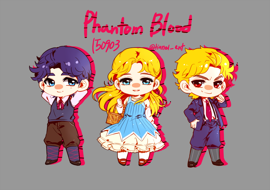 1girl 2boys blonde_hair blue_eyes blue_hair chibi dio_brando dress erina_pendleton formal jojo_no_kimyou_na_bouken jonathan_joestar kneehighs male_focus multiple_boys necktie phantom_blood picnic_basket red_eyes striped striped_legwear suit sweater_vest tianel_ent vertical-striped_legwear vertical_stripes