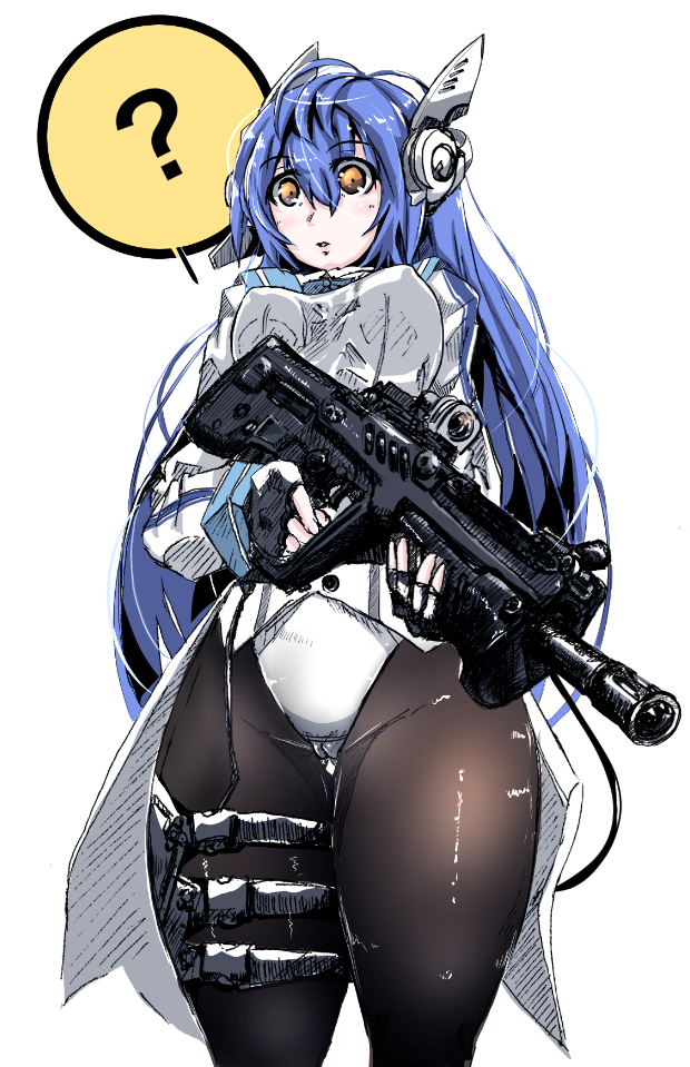 1girl ? assault_rifle black_legwear blue_hair breasts bullpup commentary_request cowboy_shot expressionless eyebrows_visible_through_hair fingerless_gloves girls_frontline gloves gun hair_between_eyes holding holding_gun holding_weapon imi_tavor_tar-21 jamie_leano large_breasts leotard long_hair long_sleeves orange_eyes pantyhose parted_lips perky_breasts rifle robot_ears solo standing tar-21_(girls'_frontline) thought_bubble weapon white_background white_leotard