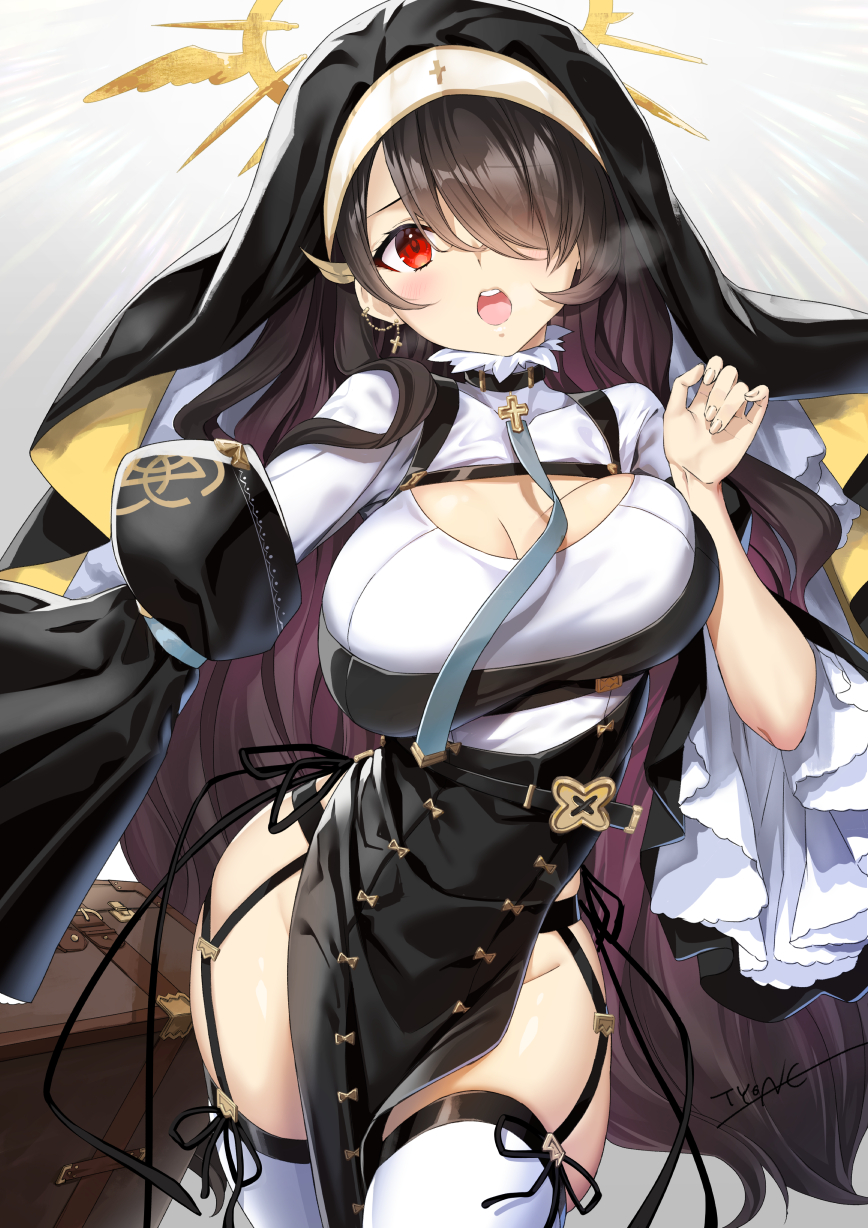 1girl bangs black_hair blue_archive blush breasts cleavage_cutout clothing_cutout garter_belt habit hair_over_one_eye halo highres hinata_(blue_archive) juliet_sleeves large_breasts long_hair long_sleeves looking_at_viewer nun open_mouth pelvic_curtain puffy_sleeves red_eyes solo thigh-highs thighs tyone wavy_hair white_legwear