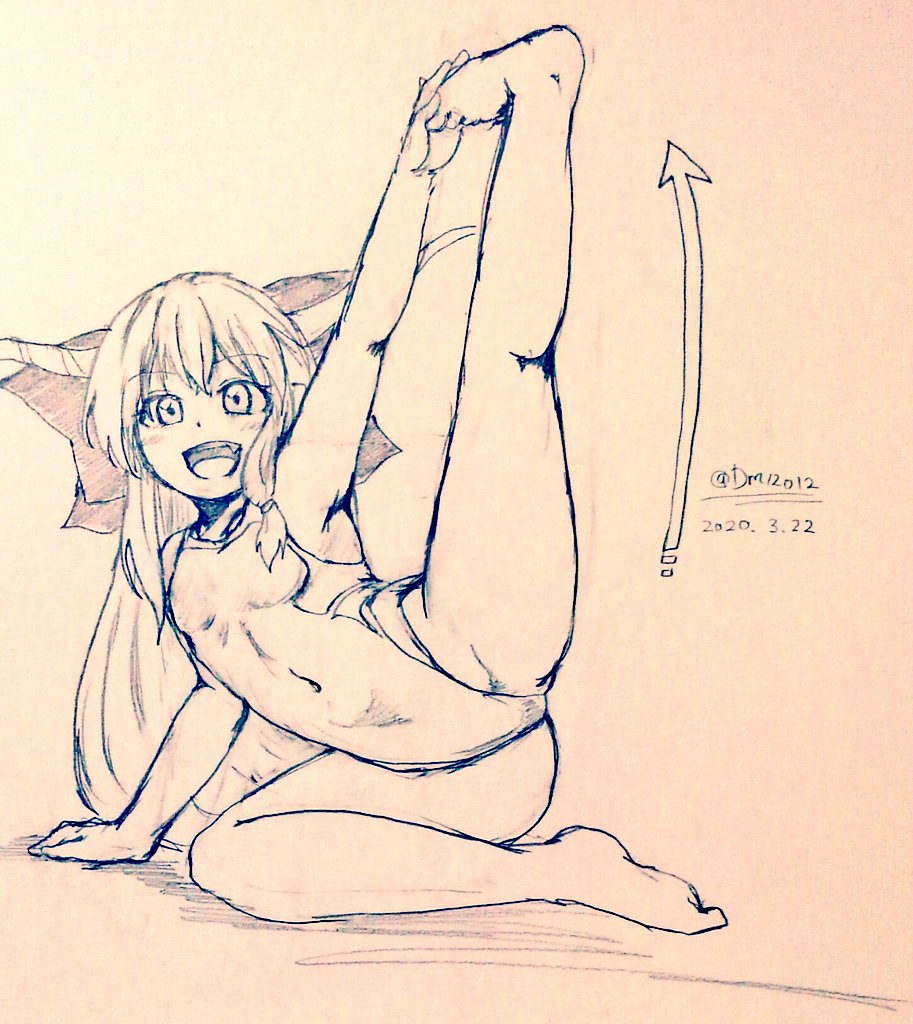 1girl alternate_costume arrow_(symbol) bare_legs barefoot bow breasts commentary_request covered_navel d-m_(dii_emu) eyebrows_visible_through_hair eyelashes fang flexible greyscale hair_bow happy ibuki_suika leg_up long_hair looking_at_viewer monochrome one-piece_swimsuit open_mouth sketch swimsuit tied_hair toes touhou traditional_media very_long_hair