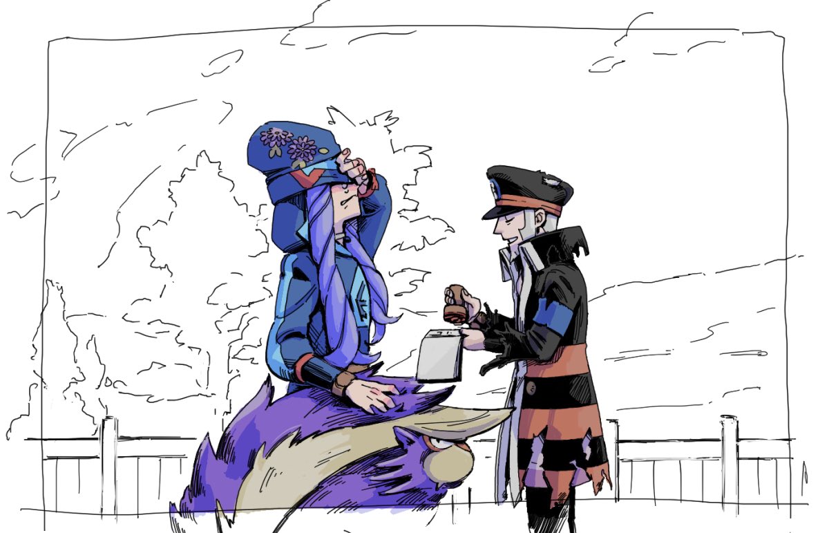 2boys armband beanie black_coat black_headwear closed_eyes coat commentary_request covering_eyes crying diamond_clan_outfit facial_hair goatee grey_hair grin happy_tears hat high_collar ingo_(pokemon) kutinituti light_smile male_focus melli_(pokemon) multiple_boys overcoat peaked_cap pokemon pokemon_(creature) pokemon_(game) pokemon_legends:_arceus short_hair sideburns skuntank smile stamp-sheet tears wavy_mouth