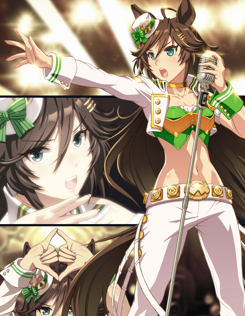 1girl ahoge bangs blue_eyes bow brown_hair choker commentary_request cowboy_shot crop_top green_bow green_shirt hair_between_eyes hat hat_bow jacket long_hair long_sleeves midriff mini_hat mini_top_hat mr._c.b._(umamusume) multiple_views navel norizou open_clothes open_jacket open_mouth outstretched_arm pants shirt single_sleeve standing stomach strapless strapless_shirt tail top_hat umamusume very_long_hair white_headwear white_jacket white_pants wrist_cuffs yellow_choker