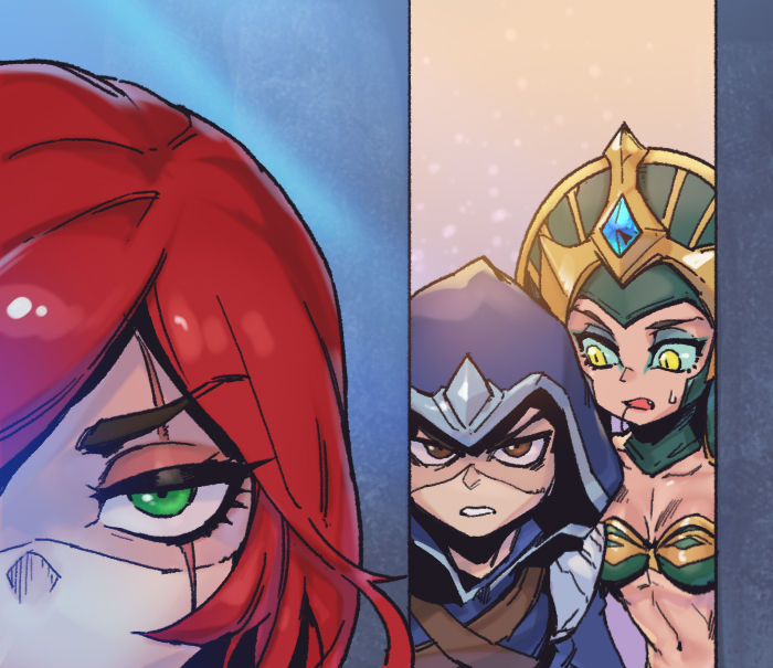 1boy 2girls breasts brown_eyes cassiopeia_du_couteau clenched_teeth collarbone fang gem green_eyes hood hood_up katarina_(league_of_legends) league_of_legends long_hair looking_at_another looking_at_viewer medium_breasts multiple_girls navel phantom_ix_row redhead scar scar_across_eye siblings sisters slit_pupils sweatdrop talon_(league_of_legends) teeth yellow_eyes