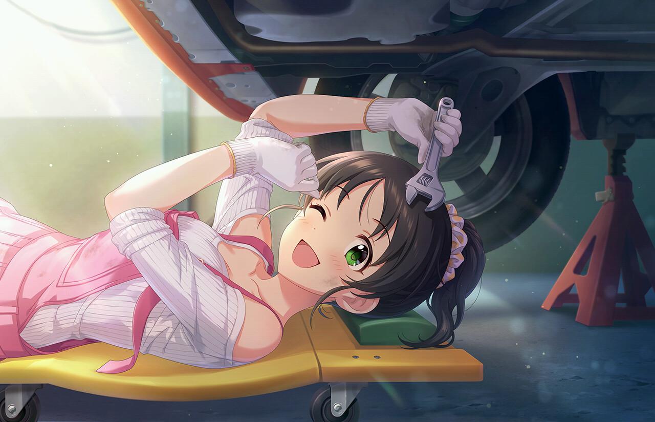 clothing_cutout creeper_(tool) dirty dirty_face gloves green_eyes ground_vehicle harada_miyo idolmaster idolmaster_cinderella_girls idolmaster_cinderella_girls_starlight_stage jack_stand light_beam light_rays lying motor_vehicle official_art on_back one_eye_closed overalls pink_overalls ponytail scrunchie shirt shoulder_cutout smile sunbeam sunlight tire wheel white_gloves white_shirt wrench
