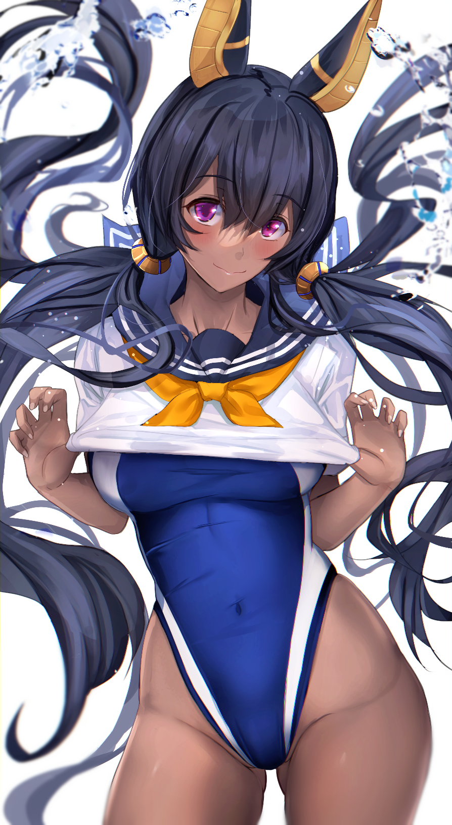 1girl animal_ears black_hair blue_sailor_collar blue_swimsuit breasts covered_navel cowboy_shot dark-skinned_female dark_skin highleg highleg_swimsuit highres jackal_ears large_breasts long_hair looking_at_viewer low_twintails neckerchief original sailor_collar school_uniform serafuku shirt smile solo standing swimsuit swimsuit_under_clothes twintails untue violet_eyes white_shirt yellow_neckerchief