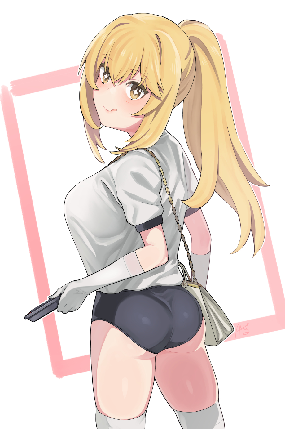 +_+ 1girl :q ass bag bangs blonde_hair breasts buruma elbow_gloves eyebrows_visible_through_hair gloves gym_shirt gym_uniform hair_between_eyes highres holding large_breasts long_hair looking_at_viewer ponytail rkrk shirt shokuhou_misaki shoulder_bag simple_background solo thigh-highs toaru_kagaku_no_railgun toaru_majutsu_no_index tongue tongue_out two-tone_background white_gloves white_legwear white_shirt yellow_eyes