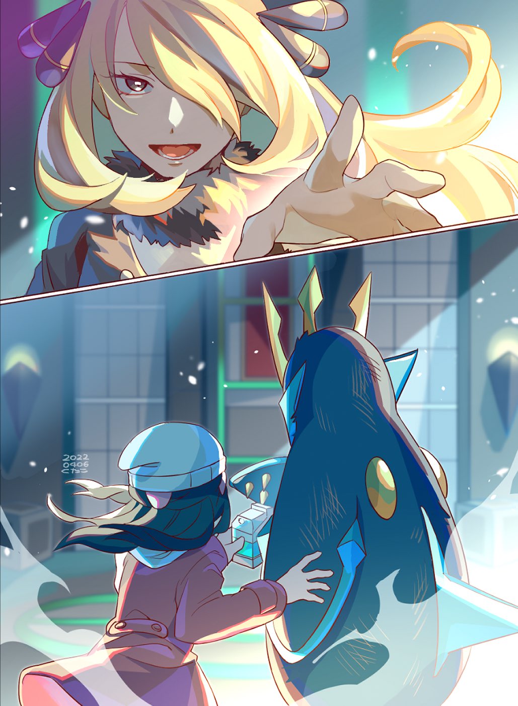 2girls beanie black_coat black_hair blonde_hair blurry coat commentary_request cynthia_(pokemon) dated empoleon fur-trimmed_coat fur_collar fur_trim grey_eyes hair_ornament hair_over_one_eye hat highres hikari_(pokemon) holding indoors kutako_(kutako138) long_hair long_sleeves multiple_girls pokemon pokemon_(creature) pokemon_(game) pokemon_dppt pokemon_platinum red_coat scarf white_headwear white_scarf