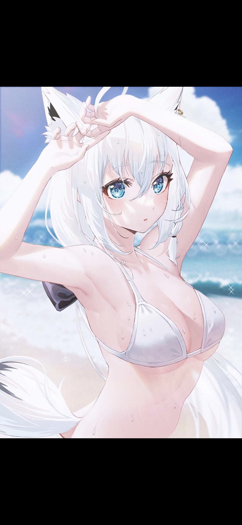 1girl ahoge animal_ear_fluff animal_ears aqua_eyes armpits arms_up bangs beach bikini black_bow bow braid braided_ponytail breasts ear_piercing earrings fox_ears fox_girl fox_tail hair_between_eyes highres hololive hololive_gamers jewelry long_hair looking_at_viewer medium_breasts ocean piercing sanada_keisui shirakami_fubuki side_braid silver_hair single_braid single_earring standing swimsuit tail virtual_youtuber wet white_bikini white_hair