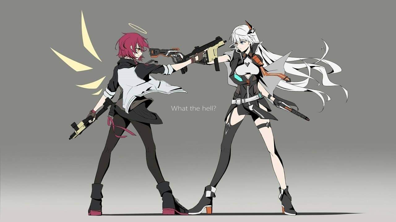 2girls aiming arknights bangs black_footwear black_gloves black_jacket black_legwear blue_eyes closed_mouth crossover dual_wielding exusiai_(arknights) fingerless_gloves full_body gloves grey_background gun halo handgun heterochromia holding holding_gun holding_weapon honkai_(series) honkai_impact_3rd jacket kiana_kaslana kiana_kaslana_(void_drifter) kriss_vector long_hair looking_at_another multiple_girls pantyhose pistol red_eyes redhead shoes short_hair short_sleeves single_thighhigh sneakers standing submachine_gun thigh-highs trigger_discipline weapon white_hair white_jacket wings yellow_eyes z_05