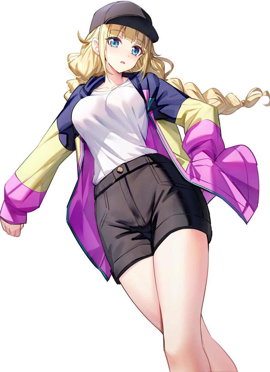 1girl bangs black_headwear black_shorts blonde_hair blue_eyes blush breasts eyebrows_visible_through_hair hat highres jacket large_breasts long_hair long_sleeves looking_at_viewer multicolored_clothes multicolored_jacket original parted_lips ririko_(zhuoyandesailaer) shirt shirt_tucked_in shorts simple_background solo thighs white_background white_shirt