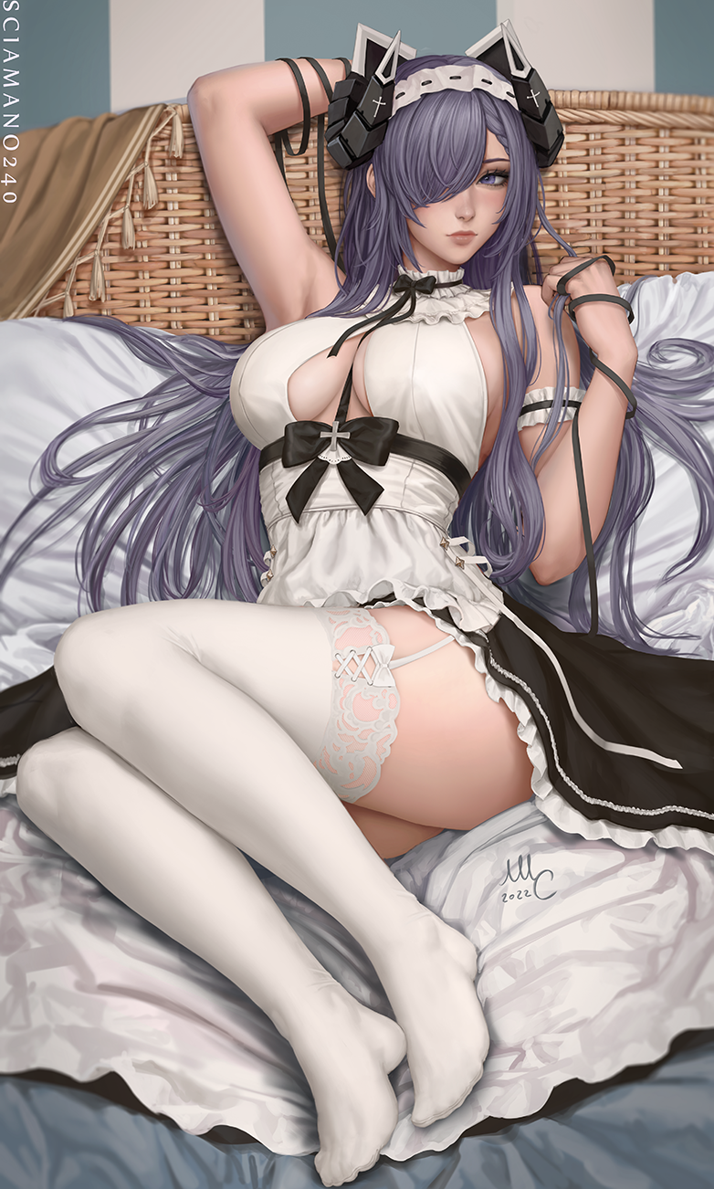 1girl 2022 apron arm_up artist_name august_von_parseval_(azur_lane) azur_lane bare_shoulders bed_sheet between_breasts black_bow black_skirt bow bowtie breasts breasts_apart closed_mouth commentary dated english_commentary frilled_apron frills full_body garter_straps grey_hair hair_over_one_eye hand_up highres horns large_breasts lips long_hair looking_at_viewer lying maid no_shoes on_back one_eye_covered purple_hair sciamano240 shirt signature skirt smile solo strap_between_breasts thigh-highs thighs very_long_hair violet_eyes white_apron white_legwear white_shirt