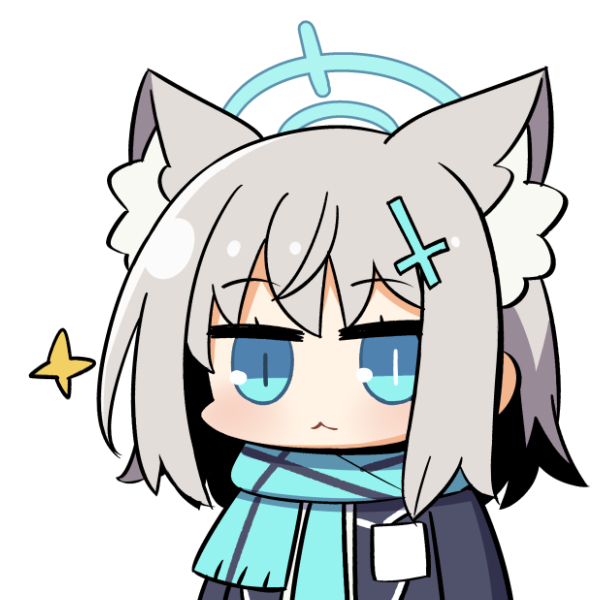 1girl :3 animal_ear_fluff animal_ears bangs blue_archive blue_eyes blue_scarf blush chibi closed_mouth commentary_request cross_hair_ornament eyebrows_visible_through_hair grey_hair hair_ornament halo looking_at_viewer medium_hair mismatched_pupils plover profile scarf shiroko_(blue_archive) sidelocks simple_background solo star_(symbol) upper_body white_background