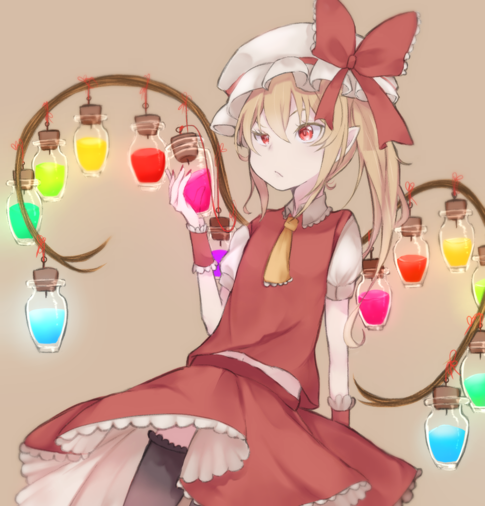 1girl :/ ascot ayahito_(aya10n) black_legwear blonde_hair bow brown_background closed_mouth collared_shirt commentary cowboy_shot eyebrows_behind_hair fingernails flandre_scarlet frilled_skirt frills hat hat_bow holding holding_jar jar long_hair looking_at_object mob_cap nail_polish pointy_ears raised_eyebrow red_bow red_eyes red_nails red_skirt red_vest shirt short_sleeves side_ponytail simple_background skirt skirt_set solo thigh-highs touhou vest white_headwear white_shirt wings wrist_cuffs yellow_ascot