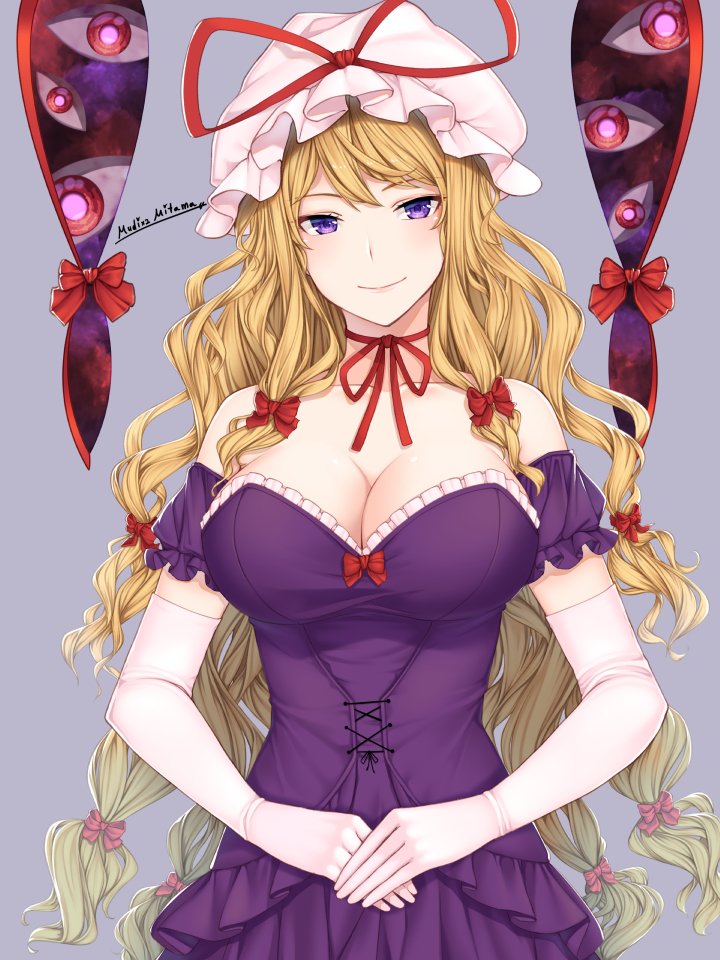 1girl artist_name bangs bare_shoulders blonde_hair blush bow bowtie breasts closed_mouth collarbone commentary_request dress dress_bow elbow_gloves eyebrows_visible_through_hair frills gap_(touhou) gloves grey_background hair_between_eyes hair_bow hat heart large_breasts long_hair looking_at_viewer mitama_mudimudi mob_cap off-shoulder_dress off_shoulder own_hands_together pink_gloves pink_headwear puffy_short_sleeves puffy_sleeves purple_dress red_bow red_bowtie short_sleeves simple_background smile solo standing touhou violet_eyes wavy_hair yakumo_yukari