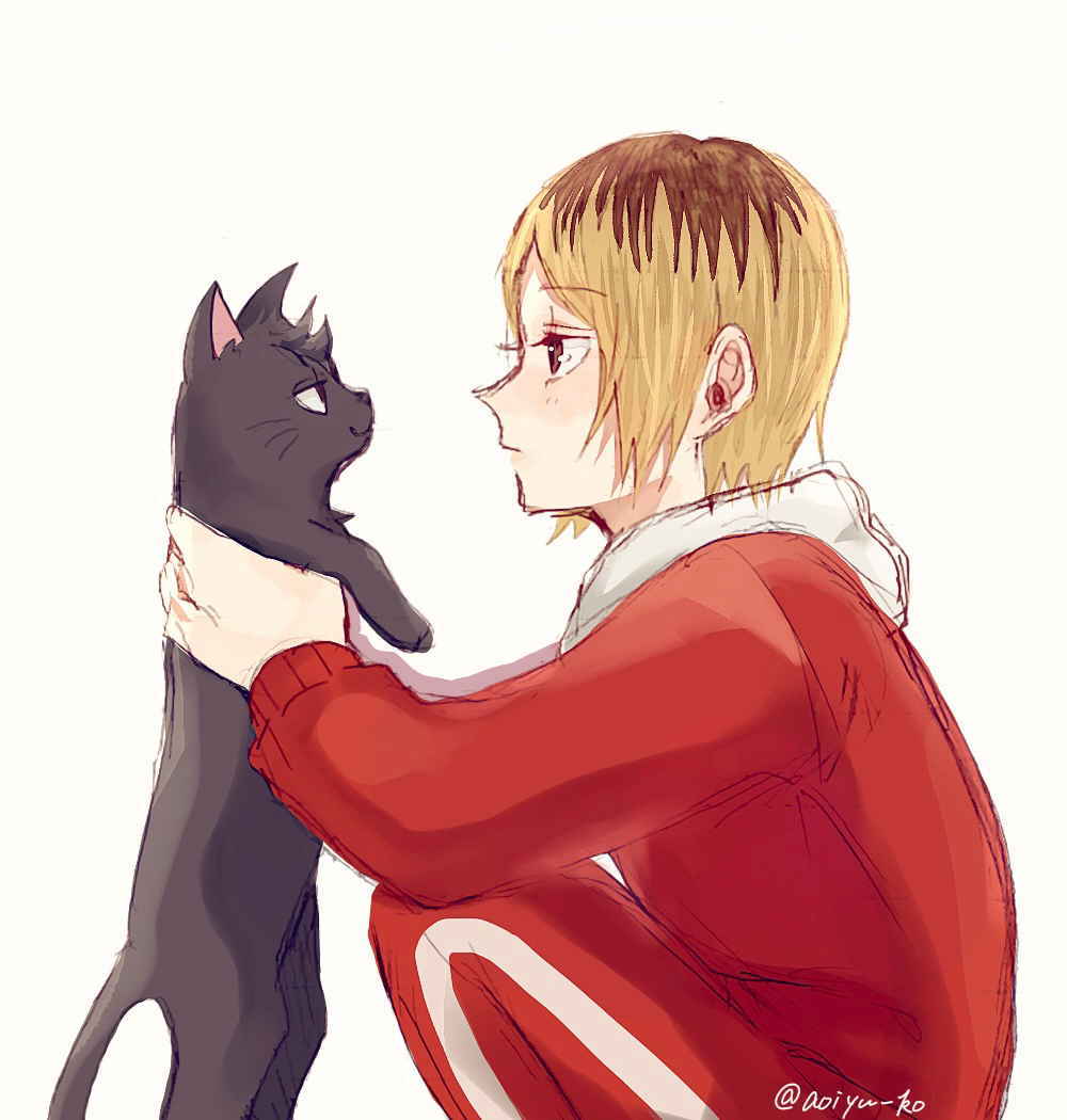 1610aoi 1boy animal animalization black_cat blonde_hair cat eyebrows_visible_through_hair haikyuu!! holding holding_animal holding_cat kozume_kenma kuroo_tetsurou looking_at_animal male_focus multicolored_hair simple_background track_suit twitter_username two-tone_hair white_background