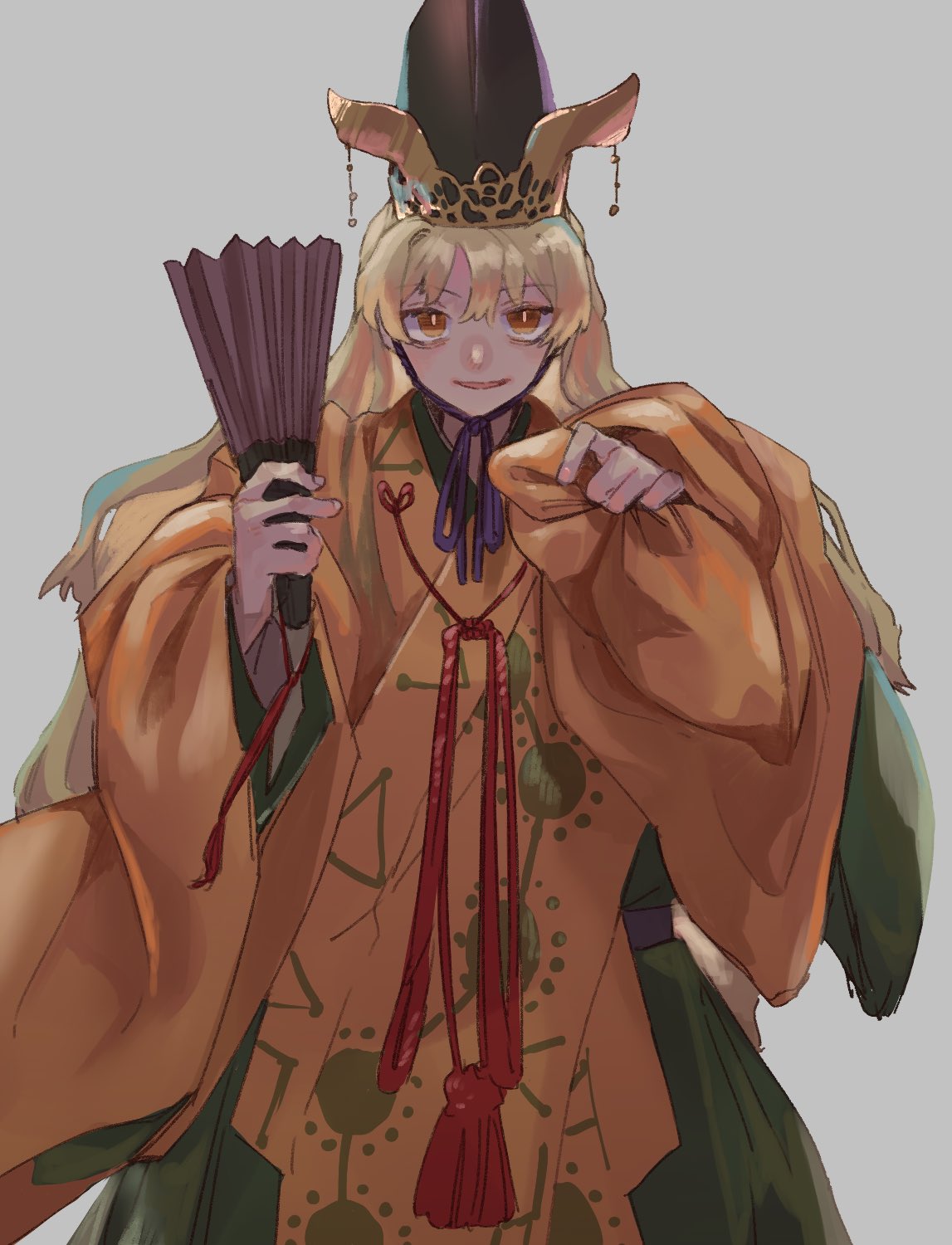 1girl adapted_costume amayadori-tei blonde_hair cowboy_shot folding_fan grey_background hand_fan hat highres holding long_hair long_sleeves looking_at_viewer matara_okina parted_lips simple_background smile solo tabard touhou wide_sleeves