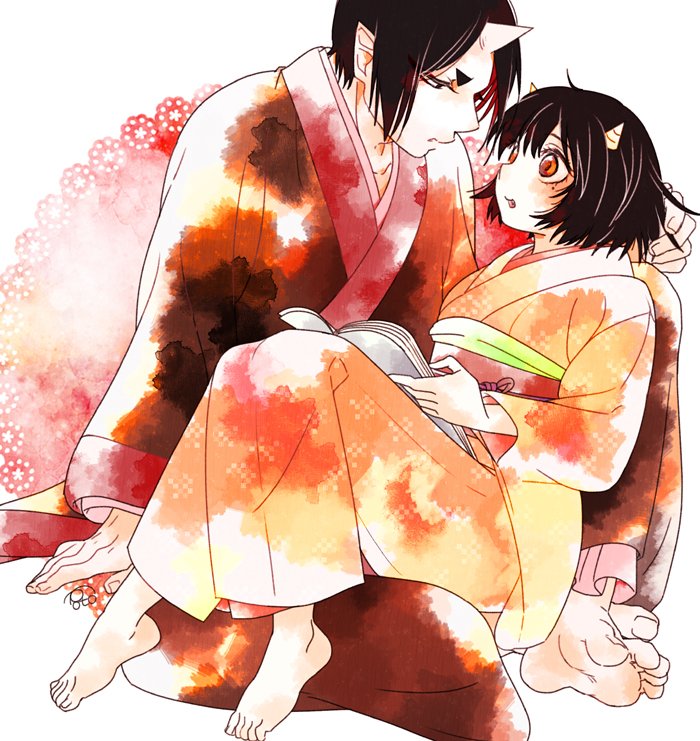 1boy 1girl black_hair blush book e-0057 eyeshadow hoozuki_(hoozuki_no_reitetsu) hoozuki_no_reitetsu horns japanese_clothes looking_at_another makeup mole mole_under_eye on_lap oni_horns peach_maki playing_with_another's_hair short_hair