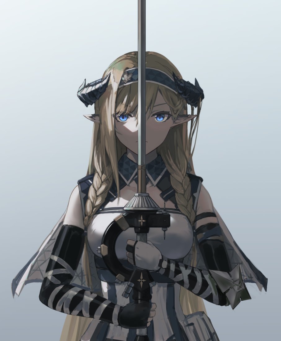 1girl arknights bangs black_gloves blonde_hair blue_eyes braid breasts capelet closed_mouth dress fingerless_gloves gloves hair_between_eyes hairband holding holding_sword holding_weapon horns long_hair looking_at_viewer pointy_ears saileach_(arknights) side_braids simple_background solo sword tsukira_(amayadori) upper_body very_long_hair weapon