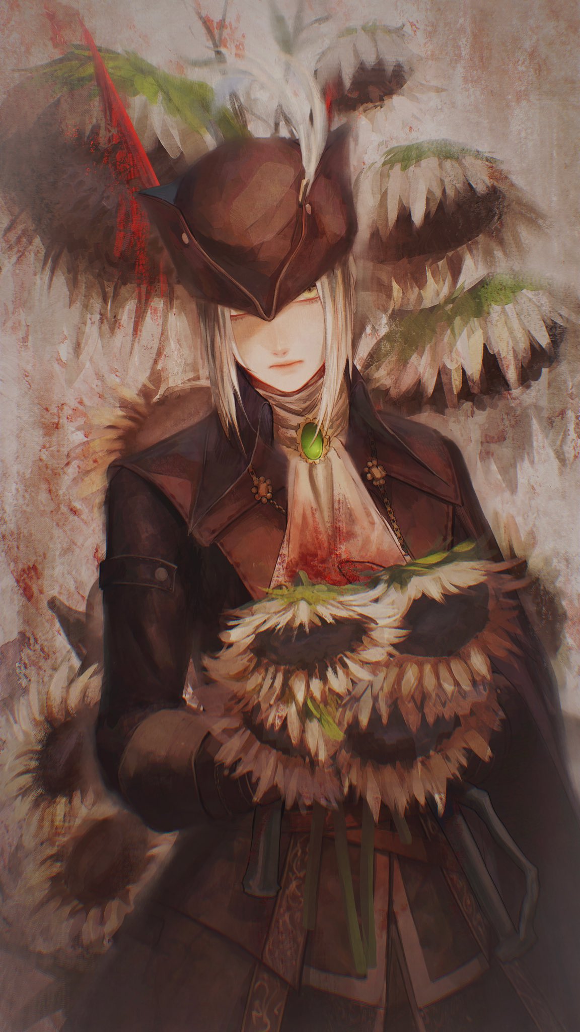 1girl artist_request ascot blood bloodborne cape closed_eyes coat flower gem gloves hat hat_feather highres holding lady_maria_of_the_astral_clocktower long_hair ponytail simple_background solo the_old_hunters tricorne white_hair