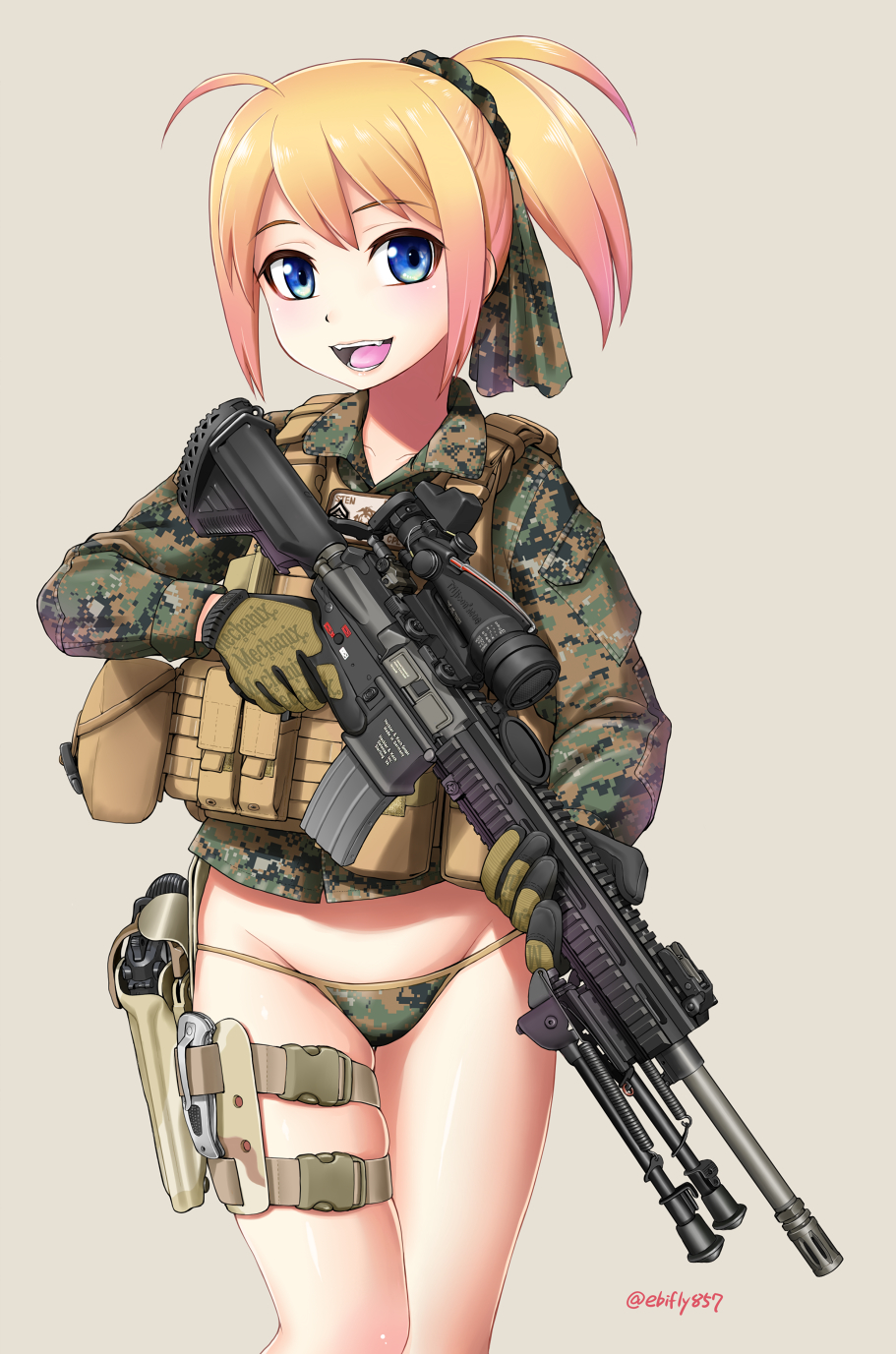 1girl :d acog beretta_92 bipod black_gloves blonde_hair blue_eyes blush body_armor bulletproof_vest camouflage camouflage_jacket camouflage_panties cowboy_shot digital_camouflage ebifly gloves gradient_hair green_panties grey_background gun handgun highres holding holding_gun holding_weapon holster jacket looking_at_viewer m27_iar multicolored_hair open_mouth original panties pistol plate_carrier ponytail redrawn rifle simple_background smile sniper_rifle solo standing thigh_strap trigger_discipline underwear united_states_marine_corps vest weapon