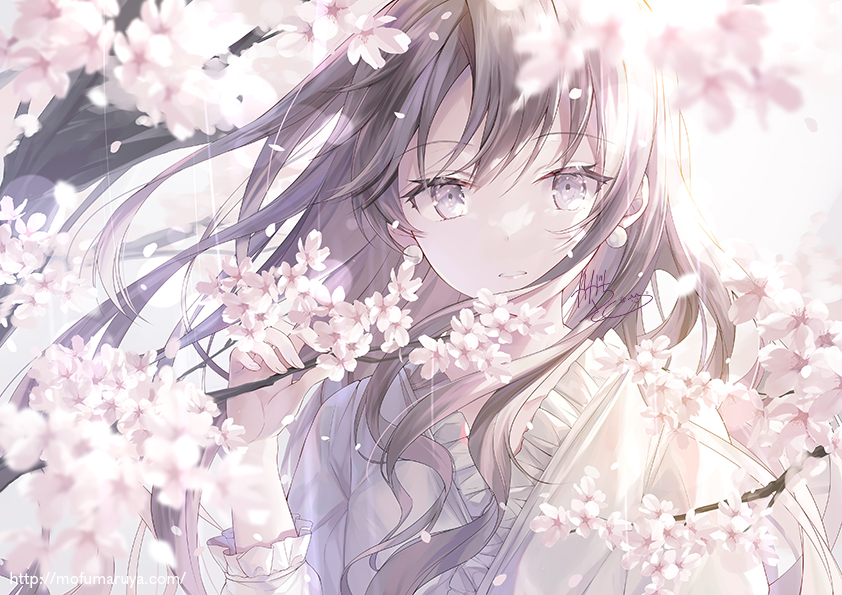 1girl bangs branch brown_hair collarbone commentary_request eyebrows_visible_through_hair flower frills grey_eyes hair_between_eyes hand_up kagachi_saku long_hair looking_at_viewer original parted_lips pink_flower signature solo