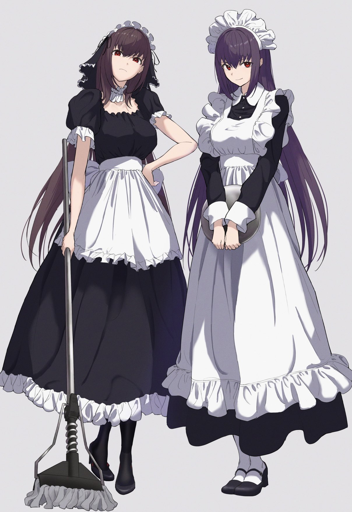 2girls alternate_costume apron black_dress breasts dress enmaided fate/grand_order fate_(series) frilled_apron frilled_dress frills hair_between_eyes headpiece highres holding holding_tray ichi_yoshida large_breasts long_hair looking_at_viewer maid maid_apron maid_headdress mop multiple_girls puffy_short_sleeves puffy_sleeves purple_hair red_eyes scathach_(fate) scathach_skadi_(fate) short_sleeves smile tray very_long_hair waist_apron white_apron wrist_cuffs