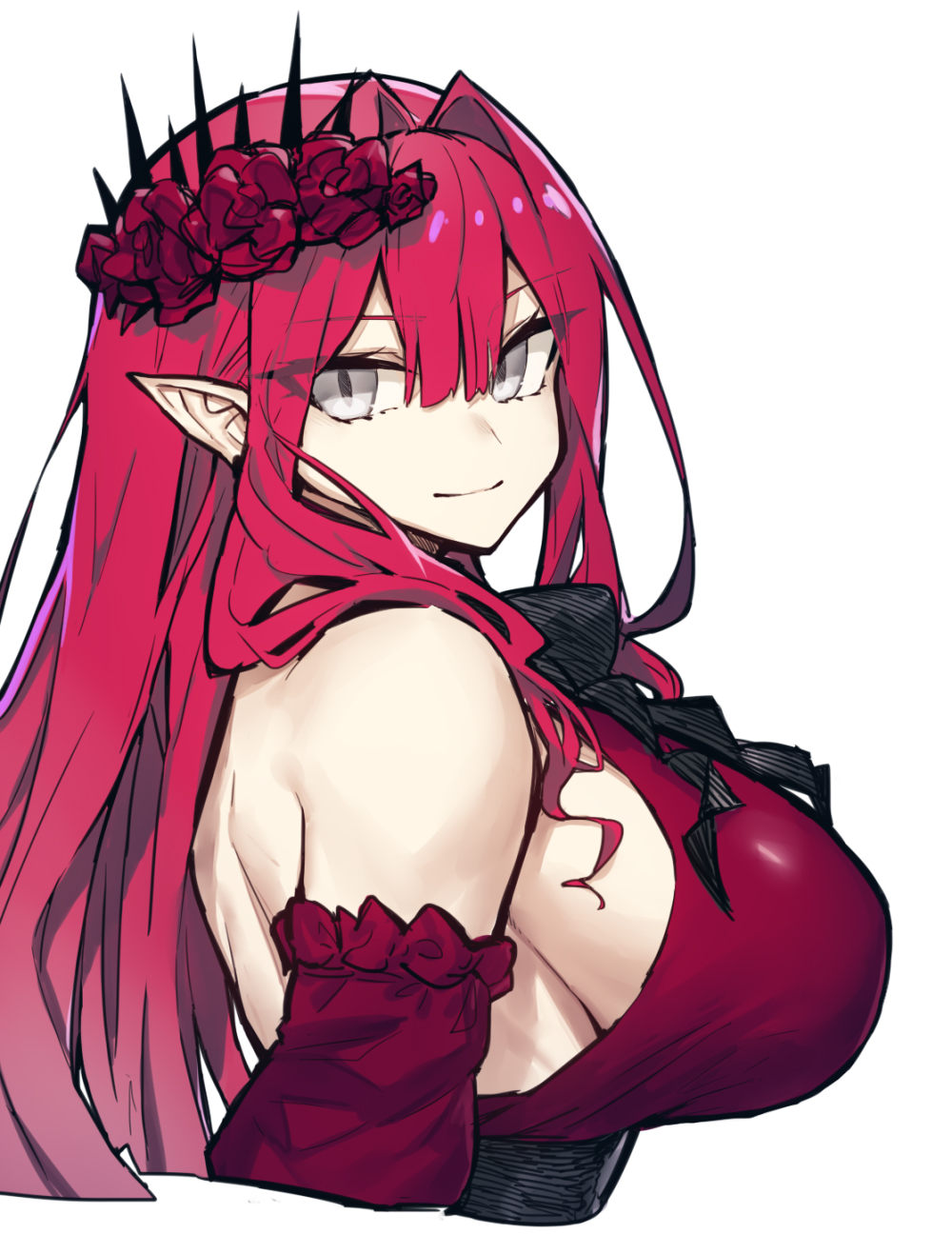 1girl bangs breasts detached_sleeves earrings fairy_knight_tristan_(fate) fate/grand_order fate_(series) flower hair_flower hair_ornament highres jewelry large_breasts long_hair looking_at_viewer melon22 pointy_ears sideboob sidelocks smile solo tiara