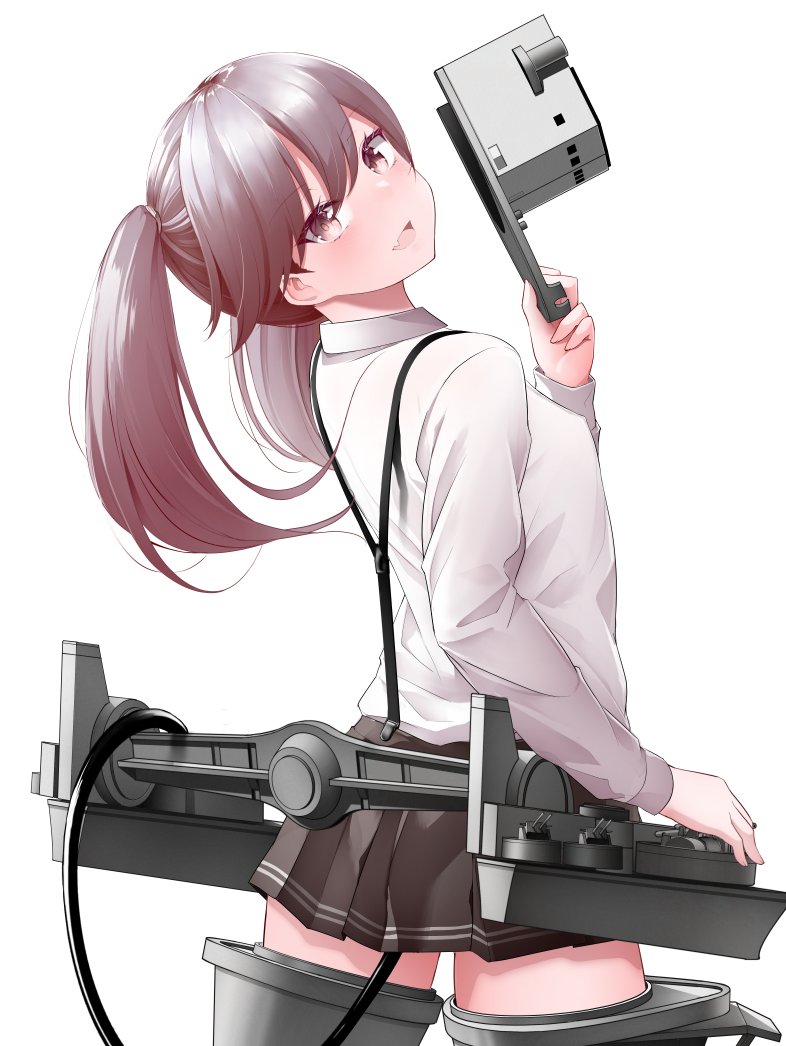 1girl arched_back brown_eyes brown_hair cowboy_shot hat hat_removed head_tilt headwear_removed kantai_collection kirigakure_(kirigakure_tantei_jimusho) looking_at_viewer machinery ryuujou_(kancolle) shirt simple_background smile solo suspenders twintails visor_cap white_background white_shirt