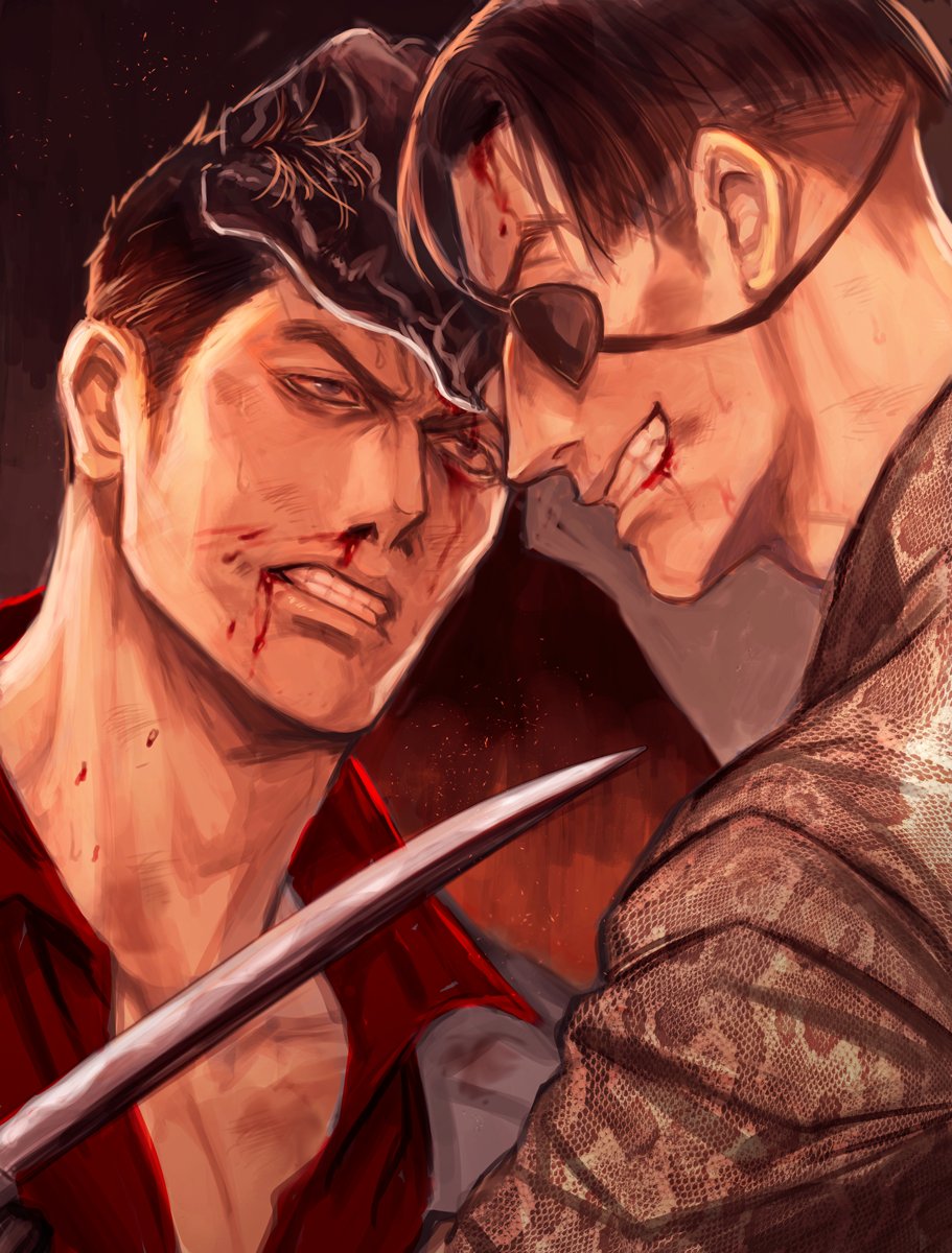 aomi_nekosuki blood blood_from_mouth blood_on_face clenched_teeth grey_jacket highres jacket kiryuu_kazuma knife knife_to_throat majima_gorou male_focus manly nosebleed red_shirt rivalry rivals ryuu_ga_gotoku ryuu_ga_gotoku_0 sadism shirt short_hair snake_print spoilers teeth younger