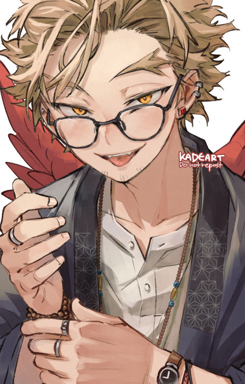 1boy bespectacled blonde_hair boku_no_hero_academia bracelet ear_piercing earrings facial_hair facial_mark fangs glasses goatee hawks_(boku_no_hero_academia) jewelry kadeart looking_over_eyewear male_focus multiple_bracelets multiple_piercings multiple_rings naughty_face necklace piercing red_feathers red_wings ring short_hair simple_background solo stubble stud_earrings tongue tongue_out twitter_username upper_body watch watch white_background wings yellow_eyes