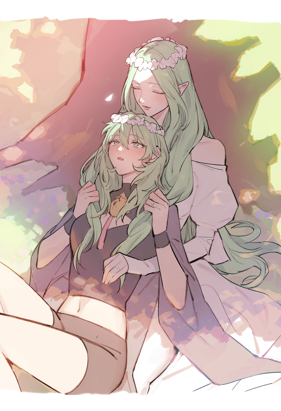 2girls bangs bare_shoulders blush breasts byleth_(fire_emblem) byleth_eisner_(female) cape closed_eyes collar commentary_request day eyebrows_visible_through_hair fire_emblem fire_emblem:_three_houses flower green_eyes green_hair hair_between_eyes hair_ornament highres ikarin jewelry lips long_hair long_sleeves multiple_girls navel outdoors parted_bangs parted_lips pointy_ears puffy_long_sleeves puffy_sleeves rhea_(fire_emblem) ring shadow shirt short_shorts shorts sitting sleeves_past_wrists smile stomach white_flower wristband yuri