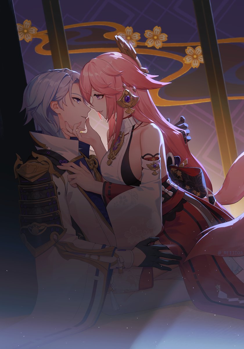 1boy 1girl animal_ears armor bare_shoulders black_gloves blue_eyes blue_hair breasts coat detached_sleeves eye_contact face-to-face fox_ears fox_girl fox_tail from_side genshin_impact gloves hand_on_another's_chin highres imminent_kiss indoors japanese_clothes kamisato_ayato long_hair long_sleeves looking_at_another medium_breasts nontraditional_miko pajamas pants pink_hair reiji03 screen shoulder_armor sideboob sitting sitting_on_lap sitting_on_person smile tail twitter_username violet_eyes white_coat white_pants yae_miko