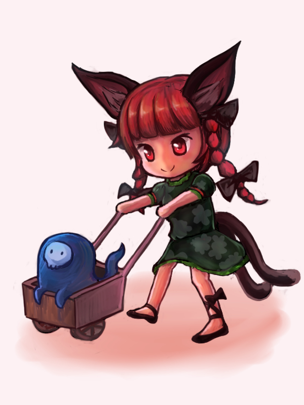 1girl :3 animal_ears bangs blunt_bangs bow braid cat_ears cat_tail chibi dress eyebrows_behind_hair full_body green_dress hair_bow hitodama kaenbyou_rin multiple_tails nekomata red_eyes redhead simple_background skull smile solo tail touhou twin_braids two_tails walking wheelbarrow white_background withpote